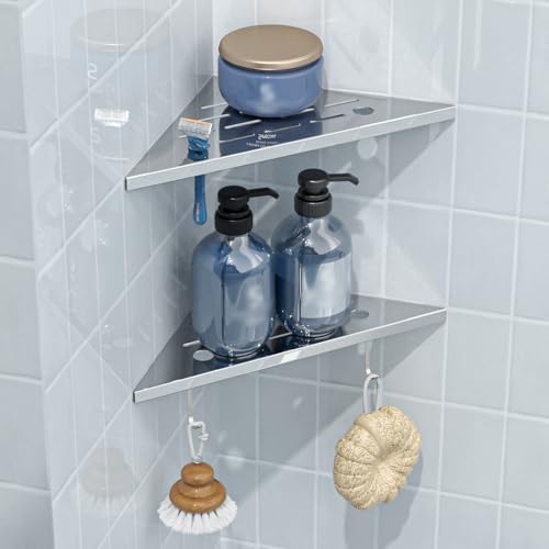 DAYONE 2 Pack Corner Shower Shelves 10", Chrome 304 Stainless Steel Recessed Bathroom Shelf with Razor Holding Hole and 2 Hools, for Tiled Wall No Drilling Needed