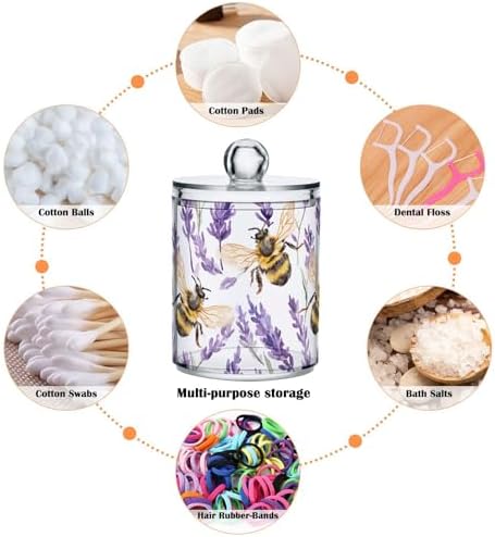 Fustylead 4 Pack Watercolor Honey Bees and Lavender Qtip Holder Dispensers, Plastic Apothecary Jar Bathroom Accessories Set for Cotton Ball, Swab, Round Pads, Floss