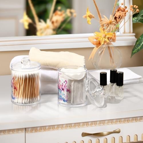 Fustylead 2 Pack Watercolor Pink Flamingos Qtip Holder Dispensers, Bathroom Storage Canister Plastic Apothecary Jar Set for Cotton Swabs, Ball, Pads, Floss