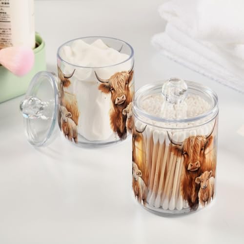 4 Pack Qtip Holder Dispenser with Lids, Highland Cow Plastic Storage Containers,Bathroom Canisters Organizer for Cotton Ball, Cotton Swab, Cotton Round Pads, Floss 21216458