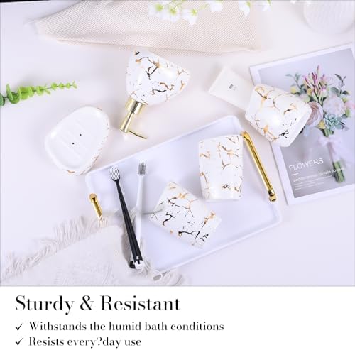 Ceramics White Bathroom Accessories Set,Gold Marble Look Bathroom Decor,Modern 6 Piece Bathroom Accessory Set,Complete with Soap Dispenser,Toothbrush Holder,Tumbler,Tray Countertop