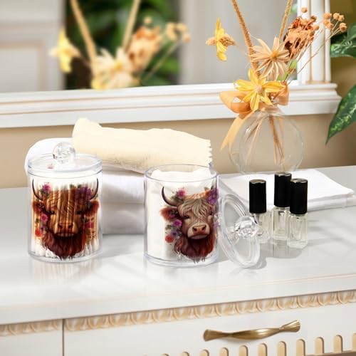MNSRUU 4 Pack Qtip Holder Organizer Dispenser Highland Cow Pink Bathroom Storage Canister Cotton Ball Holder Bathroom Containers for Cotton Swabs/Pads/Floss