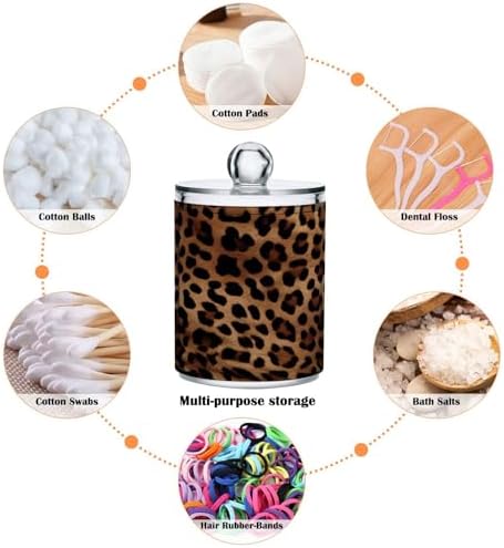 2 Pack Apothecary Jars Bathroom Leopard Print Qtip Holder Dispenser Clear Plastic Storage Canister Jar with Lid for Cotton Ball, Cotton Swab