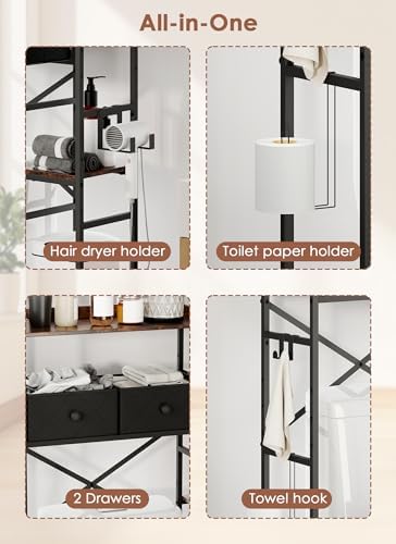 Over The Toilet Storage Rack, 7-Tier Over Toilet Bathroom Organizer with Adjustable Shelf, Above Toilet Storage with Hooks, Space-Saving, Brown Shelf