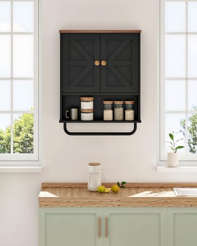 CHOEZON Bathroom Wall Cabinet, Medicine Cabinet with Open Partition and Towel Bar, Rustic Storage Cabinet with Open and Hidden Storage Space, for Bathroom, Living Room, Kitchen, Black and Walnut
