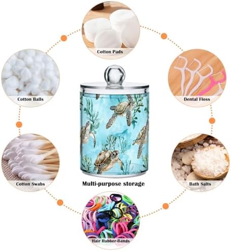 ALAZA 2 Pack Qtip Holder Sea Turtles Aqua Pattern Seaweeds, Cotton Swab Dispenser with Lid Bathroom Containers Canister Organizer Storage Jar