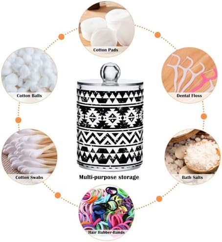 Aztec Tribe Pattern Black Stripe 4 Pack Plastic Qtips Holder Bathroom Organizer Canisters for Cotton Balls/Swabs/Pads/Floss,Plastic Apothecary Jars for Vanity