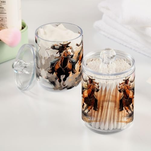 Western Cowboy Portrait Qtip Holder 2 Pack - 10 Oz Clear Plastic Apothecary Jar Set for Bathroom Organization - Versatile Canister Storage for Cotton Balls, Swabs, Rounds
