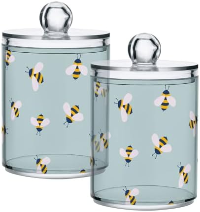 2 Pack Plastic Qtips Holder Bee Animal Cartoon Bathroom Organizer Canisters for Cotton Balls/Swabs/Pads/Floss,Plastic Apothecary Jars for Vanity