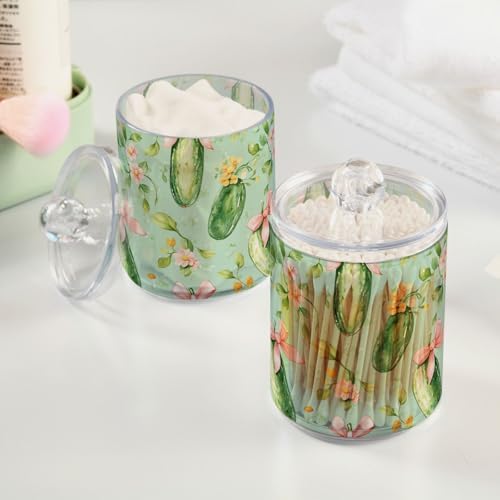 Gredecor 4 Pack Qtip Holder Clear Pink Bow Green Pickle Cucumber Apothecary Jars with Lids Acrylic Bathroom Jars Vanity Countertop Canister Storage Organizer for Cotton Ball,Swabs,Pads,Floss