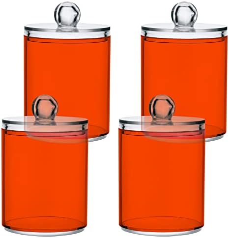 SHJI Orange Red Qtip Holder Organizer Dispenser Cotton Swabs Cans Plastic Jars with Lid Set 4 Pack Bathroom Storage Canister for Cotton Ball Floss Cotton Pads
