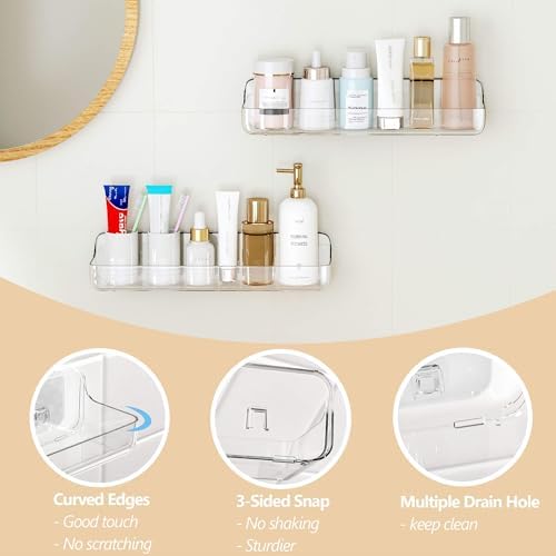 UDD Acrylic Clear Shower Caddy Adhesive Shelf, 2pc Plastic Shower Organizer with Self Adhesive Tape, No Drilling Wall Mount Shower Shelves for Bathroom Kitchen, Transparent