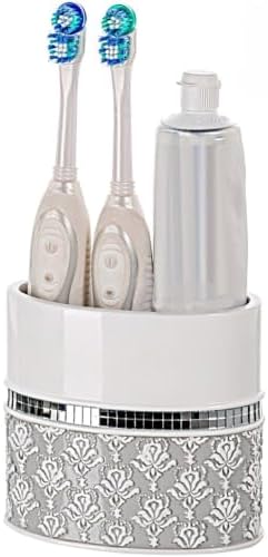 Creative Scents Mirror Damask Toothbrush Holder for Bathroom - Gray & White Toothbrush and Toothpaste Holder - Decorative Toothbrush Cup for Bathroom Holds Multiple Standard Or Electric Toothbrushes