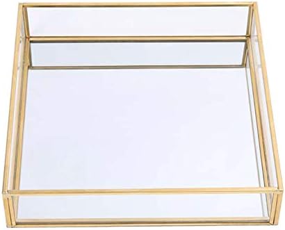 Sooyee Gold Square Mirror Tray, 8"x8" Metal and Glass Decorative Tray for Jewelry, Perfume, Makeup, Vanity, Dresser, Bathroom, Bedroom, Office, Coffee Table