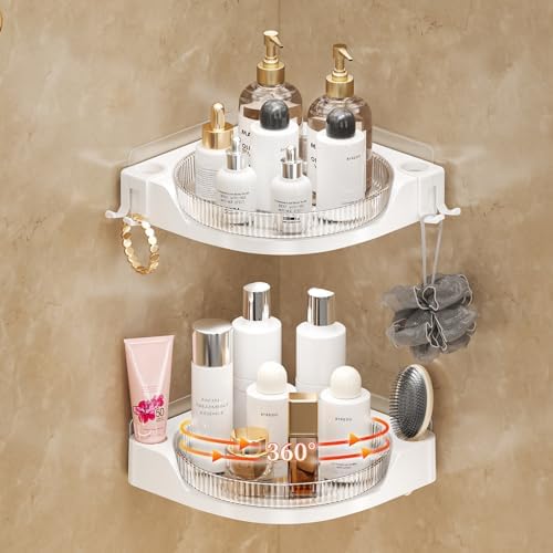 akinbas Corner Shower 2 Tier Caddy Lazy Susan Organizer 360 Rotating Corner Shelf Wall Mounted with No Drilling Shelves for Bathroom Dorm and Kitchen (White)
