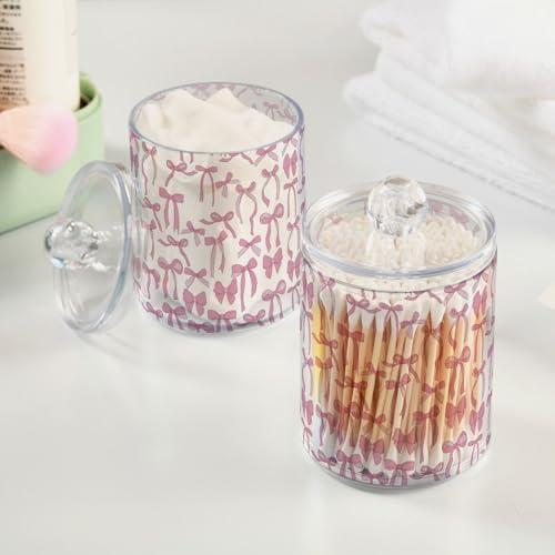 Gredecor 2 Pack Qtip Holder Clear Aesthetic Pink Ribbon Bow Apothecary Jars with Lids Acrylic Bathroom Jars Vanity Countertop Canister Storage Organizer for Cotton Ball,Swabs,Pads,Floss