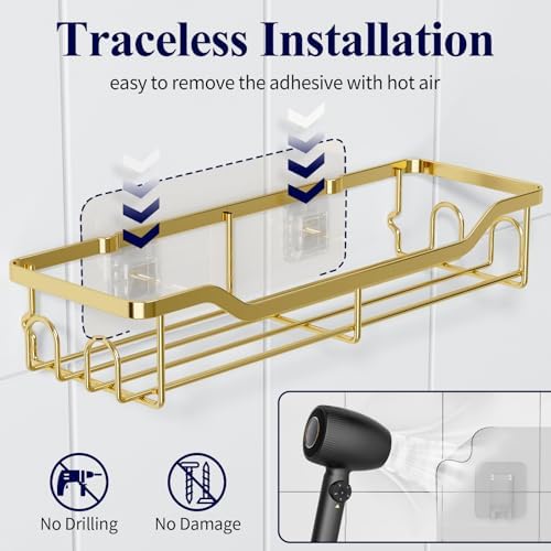 Kitsure Shower Caddy, Adhesive Shower Organizer, Large, Gold