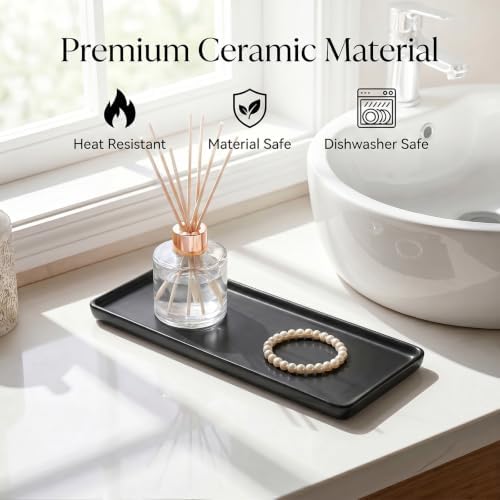 8″ x 3.7″ Ceramic Vanity Tray, Decorative Rectangular Organizer for Bathroom Countertop, Dresser Top, Kitchen & Bathtub, for Soap, Perfume, Candle, Jewelry & Cosmetics (Black)