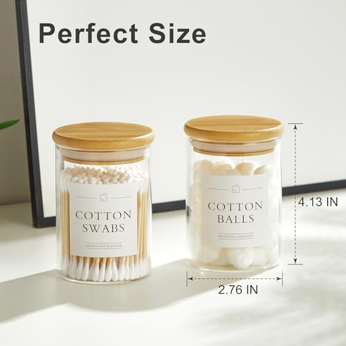 INIUNIK 6 Pack Qtip Holder Dispenser - Glass Apothecary Jars with Lids, Cotton Ball Pad Swab Round Holder, Bamboo Bathroom Accessories, Bathroom Organizers Containers Jars Canisters with Lids