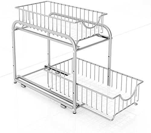 2-Tier Pull Out Organizer Under Sink Sliding Cabinet Rack,Sliver