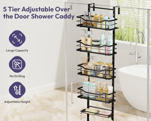 SWTYMIKI Over the Door Shower Caddy - 5 Tier Adjustable Shower Organizer Hanging with Soap Holder, No Drilling Stainless Steel Bathroom Rack Hanging for Body Wash, Shampoo, Soap, Razor, Black