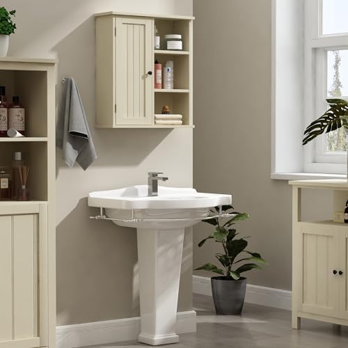 Treocho Bathroom Wall Cabinet, Medicine Cabinet with Door and 3 Open Shelves, Wall Mounted Storage Organizer for Bathroom, Kitchen, Living Room, Yellow