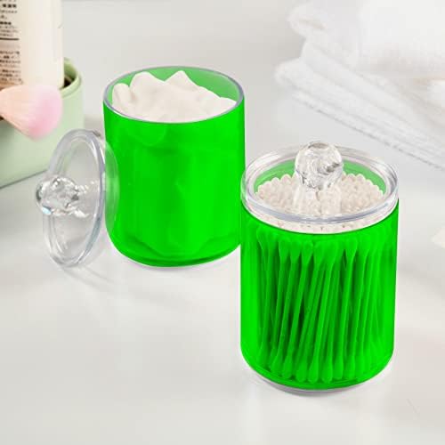 SHJI Green Qtip Holder Organizer Dispenser Cotton Swabs Cans Plastic Jars with Lid Set 4 Pack Bathroom Storage Canister for Cotton Ball Floss Cotton Pads