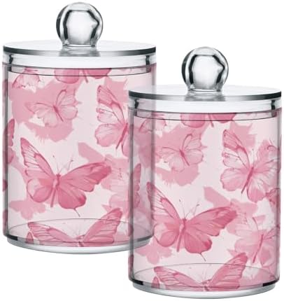 2 Pack Pink Butterflies Apothecary Jars with Lid, Qtip Holder Storage Containers for Cotton Ball, Swabs, Pads, Clear Plastic Canisters for Bathroom Vanity Organization (10 Oz)