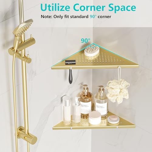 Qeke 10" Corner Shower Shelf, 2 Pack Tile Corner Shelves, Brushed Golden