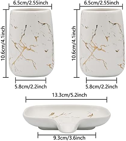 4 Pcs Creative Golden White Ceramics Bathroom Accessories Set, Include Lotion Dispenser Soap Pump, Toothbrush Holder, Tumblers, Soap Dish (Ceramic White)