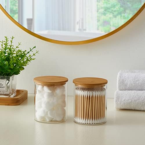 INIUNIK Glass Qtip Holder Dispenser with Bamboo Lid, 2 Pack