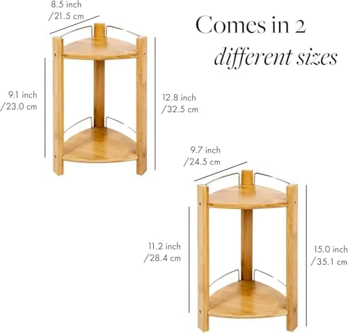 GOBAM Bamboo Shower Corner Caddy, Medium - 2 Tier Bathroom Organizer Countertop for Shampoo, Conditioner, Lotion, Soap - Standing Shower Stand for Kitchen, Bedroom, or Office