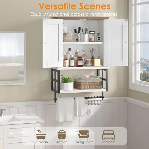 Bathroom Wall Cabinet, Farmhouse Medicine Storage with Towel Bar, White