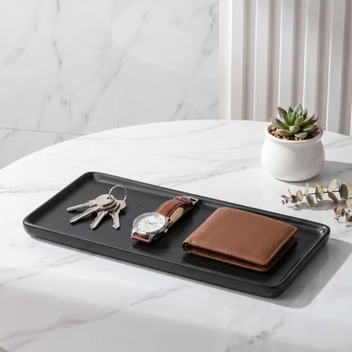 8″ x 3.7″ Ceramic Vanity Tray, Decorative Rectangular Organizer for Bathroom Countertop, Dresser Top, Kitchen & Bathtub, for Soap, Perfume, Candle, Jewelry & Cosmetics (Black)