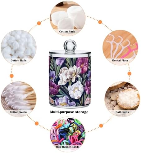 White and Purple Tulips Qtip Dispenser Set of 4, Clear Apothecary Plastic Jars Clear Bathroom Storage Containers for Cotton Pads, Cotton Ball, Cotton Swabs, Floss Picks 10 Oz