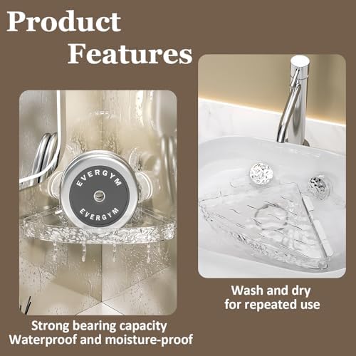 Corner Shower Caddy Suction Cup, Wall Mounted Suction Shower Rack Organizer, No Drilling Shower Shelf, Clear Basket with 4 Movable Hooks, Bathroom Storage Rack (clear, 90°corner)