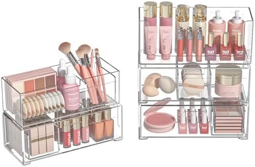 Stackable Storage Drawers Clear Plastic Storage Bins Bathroom Drawer Organizer Medicine Cabinet Organizer Makeup Organizers w Removable Divider Home Workspace Office Desktop Vanity Gift Idea 4Pack