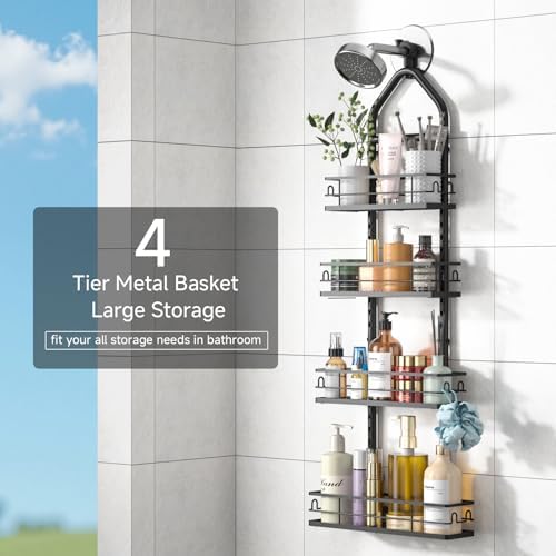Shower Caddy Hanging Rustproof, 4 Tier Adjustable Hanging Shower Caddy Over Showerhead, No Drilling Handing Shower Racks for Bathroom Shampoo Soap Storage