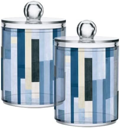 Fustylead 2 Pack Blue Stripe Qtip Holder Dispensers, Bathroom Storage Canister Plastic Apothecary Jar Set for Cotton Swabs, Ball, Pads, Floss