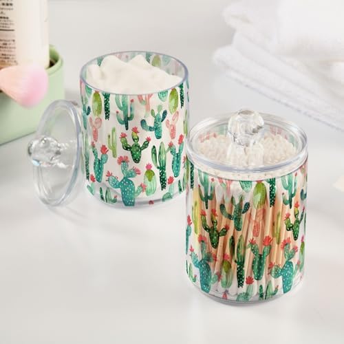 2 Pack Qtip Holder Organizer Dispenser Cactus on White Background Bathroom Storage Canister Cotton Ball Holder Container for Cotton Pads/Swabs/Floss