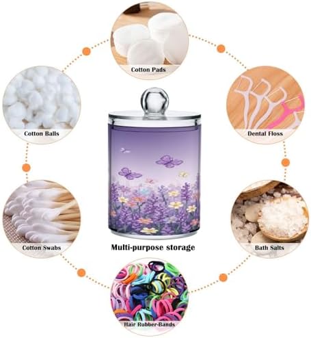 ALAZA Lavender Flower Butterfly Floral 4 Pack Qtip Holder Dispenser for Cotton Swabs, Balls, Pads, Floss 10 oz Plastic Canister Organizer