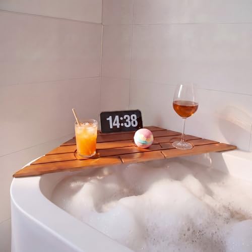 Junkin Corner Bathtub Tray Bamboo Non Slip Bathtub Corner Tray Caddy Farmhouse Bamboo Shelf for New Home House Warming Birthday Wedding Gifts for Couple Bridal Shower Gift for Women