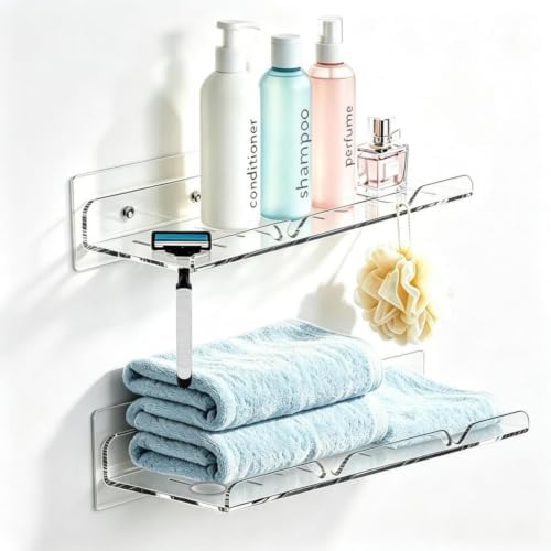 Corner Shower Caddy Shelf Rack 2 Tier Adhesive Shower Organizer Essentials - No Drilling Acrylic Bathroom Storage Rack with Hooks No Drilling Shelves (12"x4" 2 Tier Clear)