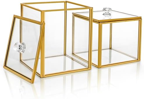 ZOOFOX 2 Pack Square Glass Apothecary Jar with Lid, Bathroom Vanity Canister for Countertop Storage and Organization, Modern Decor Dispenser for Cotton Ball, Swab, Makeup Sponge, Bath Salt, Floss