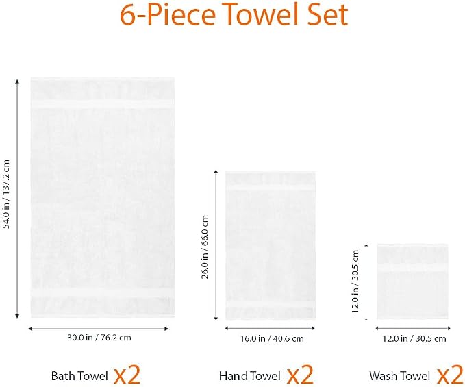 Amazon Basics 6-Piece Oversized Highly Absorbent Fade-Resistant Towel Set, 100% Cotton Towels for Bathroom, Soft, 2 Bath Towels, 2 Hand Towels, 2 Washcloths, White (Pack of 2)