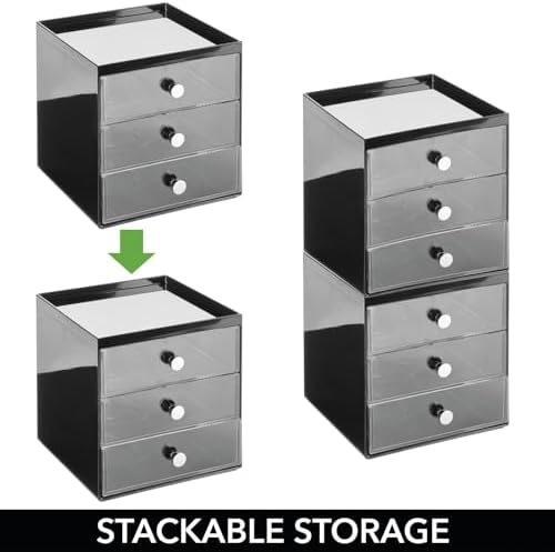mDesign Makeup Organizer Storage Station Cube with 3 Drawers for Bathroom Vanity, Cabinet, Countertops - Holds Lip Gloss, Eyeshadow Palettes, Brushes, Blush, Mascara - Black/Clear