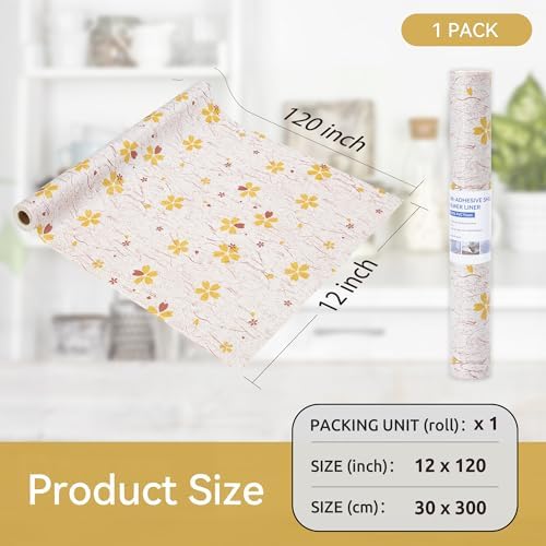 FIFTY FEET 12"x120" Non-Adhesive Shelf Liner for Kitchen Cabinets and Drawers, Washable Non-Slip PVC Cabinet Liner (Yellow Floral)(1 Roll)