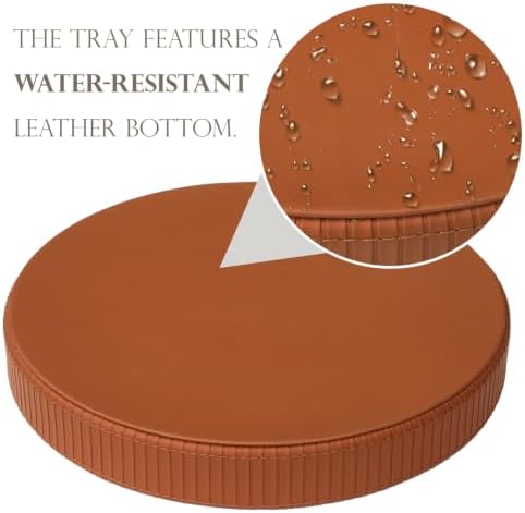 HofferRuffer Round Decorative Tray, Faux Leather Vanity Tray Decor, Decorative Catchall for Perfume, Bathroom Valet, Nightstand or Dresser (Brown Stripe, 12")