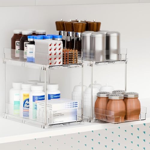 2 Set,2 Tier Pull Out Cabinet Organizer for Supplement and Medication Bottle Organizers,10.4" Deep Pantry Organizers Drawer and Sliding Clear Under Sink Organizer for Bathroom Vanity and Under Counter