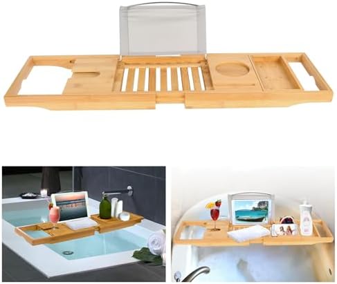 KOCASO Bathtub Caddy Tray，Crafted Bamboo Bathtub Desk Caddy Tray Extendable Reading Rack Tablet Phone Holder Wine Glass Holder Shelf Desk for Bathroom Spa